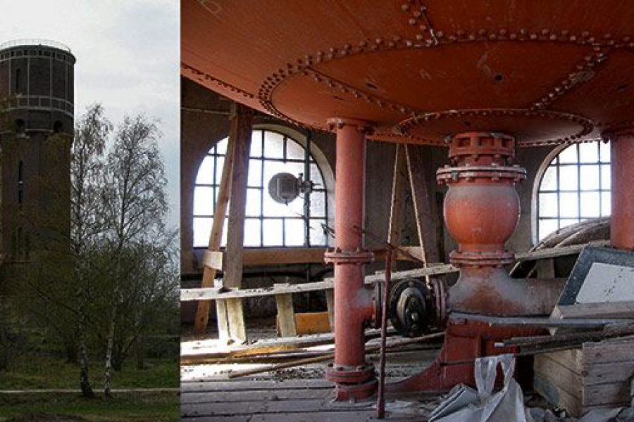 Vattentornet i Västervik ses genom träden med en cylindrisk struktur. Interiören visar stora röda rör och mekanisk utrustning i ett rum med välvda fönster. Dammiga golv föreslår en övergiven plats.