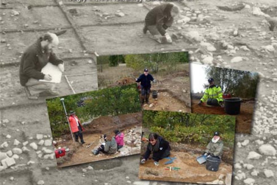 Arkeologer gräver försiktigt i jorden under en seminarieundersökning 2012 vid Tingby 41, RAA 156, Dörby socken, Kalmar län. Flera bilder visar olika personer i arbete med spadar och verktyg. Bakgrund avdelad i rutor.