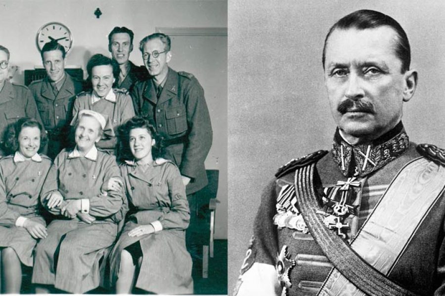 Gruppbild till vänster visar åtta personer i uniform, några sittande, andra stående, i ett mötesrum med väggklocka. Till höger syns en allvarlig man i militäruniform med utmärkelser och band på bröstet.