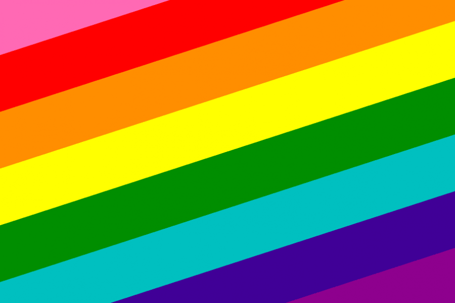 Flagga med sju diagonala färgränder: rosa, röd, orange, gul, grön, turkos och lila. Representerar HBTQ+-gemenskapens mångfald och inkludering. Färgernas ljusa nyanser är arrangerade i samma ordning som regnbågsflaggan.