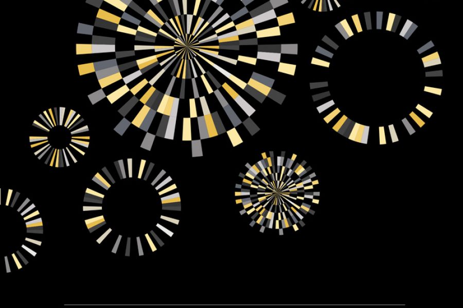 Cirkulära mönster i svart, gult och grått är placerade mot en svart bakgrund. Texten "Årets Mötesplats Kalmar" är centrerad längst ner. Designelementen skapar en känsla av dynamik och festlighet.