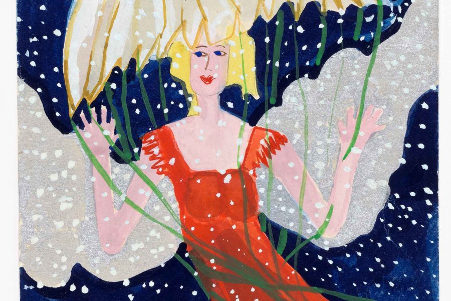 Kvinna med blont hår i röd klänning håller ett stort, gulaktigt paraply som liknar en blomma. Hon är omgiven av snöflingor mot en mörk bakgrund. Konstnärens signatur syns i nedre hörnet.