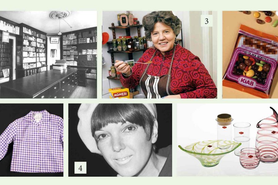 Ett collage av olika bilder: 1. Glasföremål med ränder och prickar; 2. En butik fylld med hyllor av varor; 3. Person lagar mat vid en hylla; 4. Porträtt av person i ljus hatt; 5. Påse med godis; 6. Rutig barnskjorta.