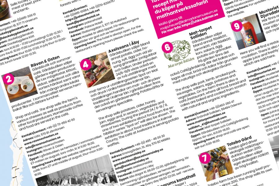 En karta och text med information om en matresa, matantverkssafari. Numrerade sektioner med bilder och text beskriver olika gårdsbutiker och deras produkter, som kött, ost och potatis. Kontaktuppgifter och öppettider anges tydligt i varje ruta.