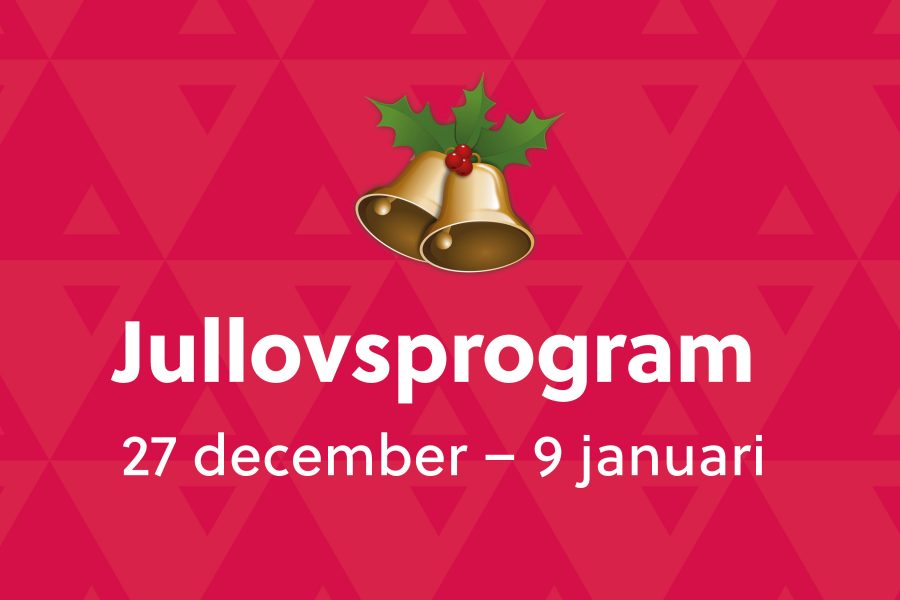 Jullovsprogram med klockmotiv och järnek på röd bakgrund med trianglar. Text: "Jullovsprogram 27 december – 9 januari". Symboliserar ett festligt evenemang under vinterlovet. Harmonisk design med julstämning.