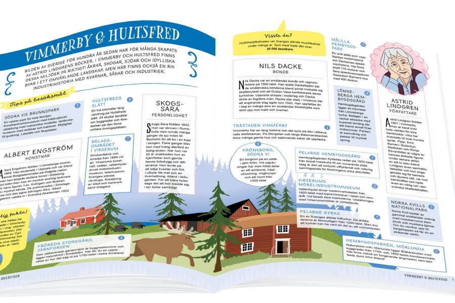 Uppslaget visar en guide till Vimmerby och Hultsfred med besöksmål och kulturella inslag. Det innehåller texter om historiska personer som Astrid Lindgren och Nils Dacke. En illustration av landsbygd med älg och röda stugor syns nedtill.