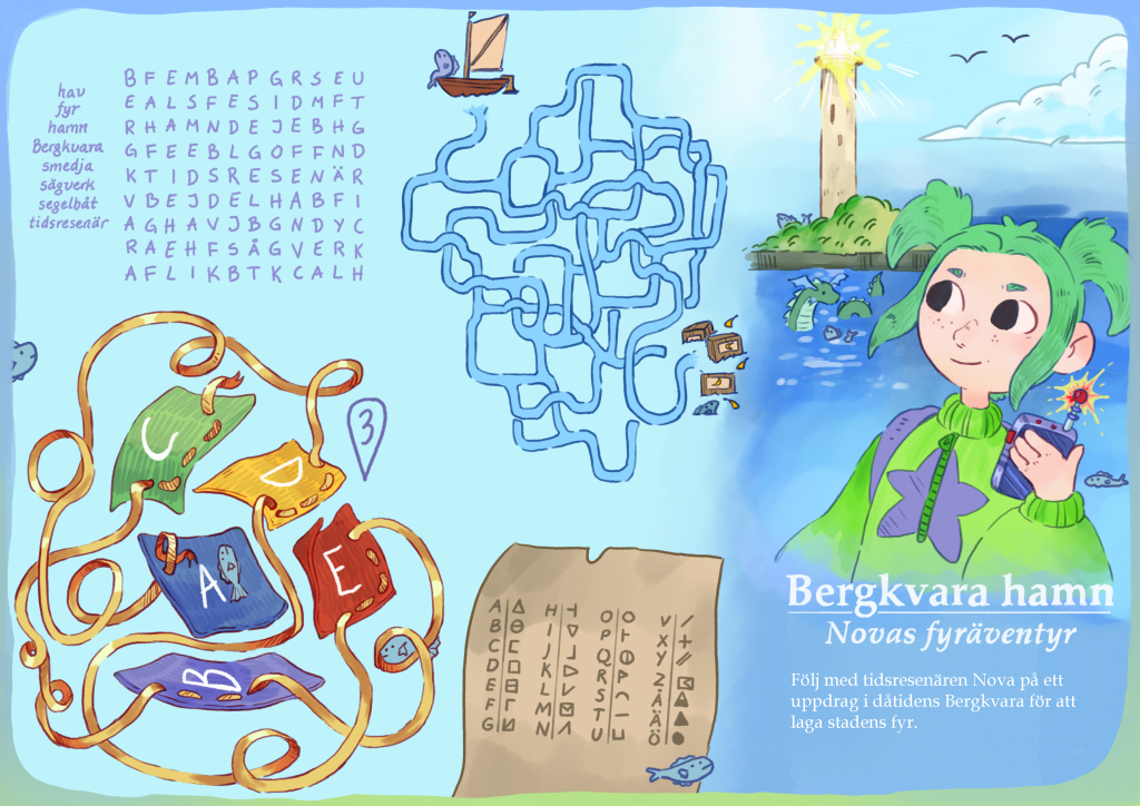 En tecknad illustration visar Nova, en tidsresenär, som står framför en fyr med strålande ljus. Till vänster finns ett labyrintspel och en ordsökning med temat Bergkvara hamn. Text: "Bergkvara hamn - Novas fyräventyr. Följ med tidsresenären Nova på ett uppdrag i dåtidens Bergkvara för att laga stadens fyr".